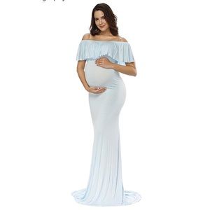 Light Blue Off Shoulder Maxi Maternity Dress